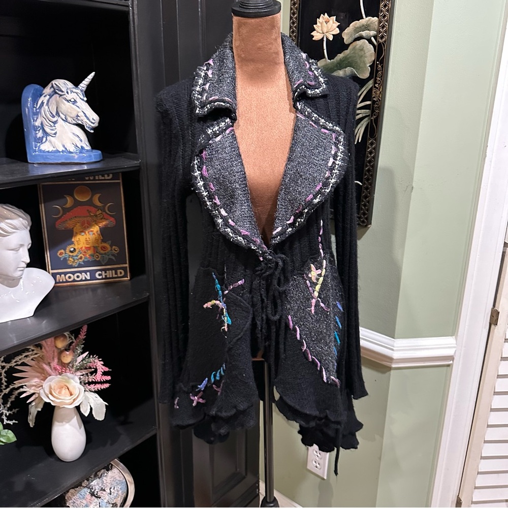 Sioni Milano Embellished Patchwork Sweater Cardigan – Black Multi – Size Medium